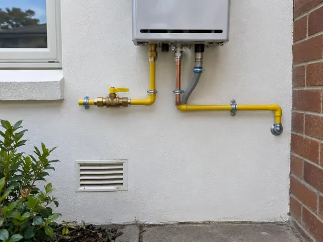 Exterior gas pipework and fittings on a house wall beside a window in Normanhurst
