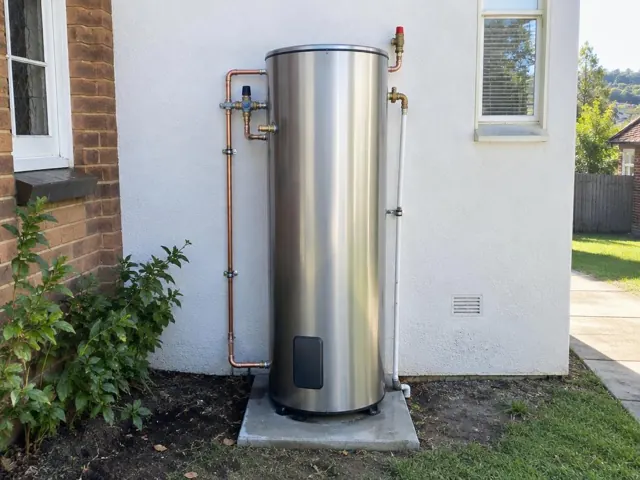 Stainless steel hot water cylinder on a concrete pad beside a brick and rendered house wall in Pennant Hills